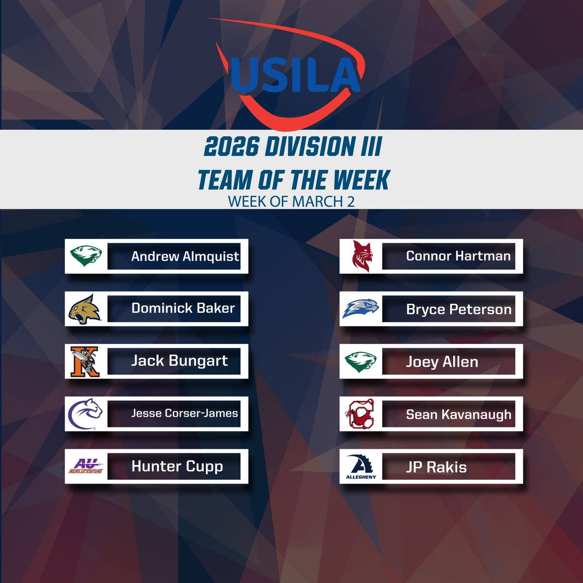 Congratulations to this week's USILA Men's Lacrosse Teams of the Week (Week of March 2)!