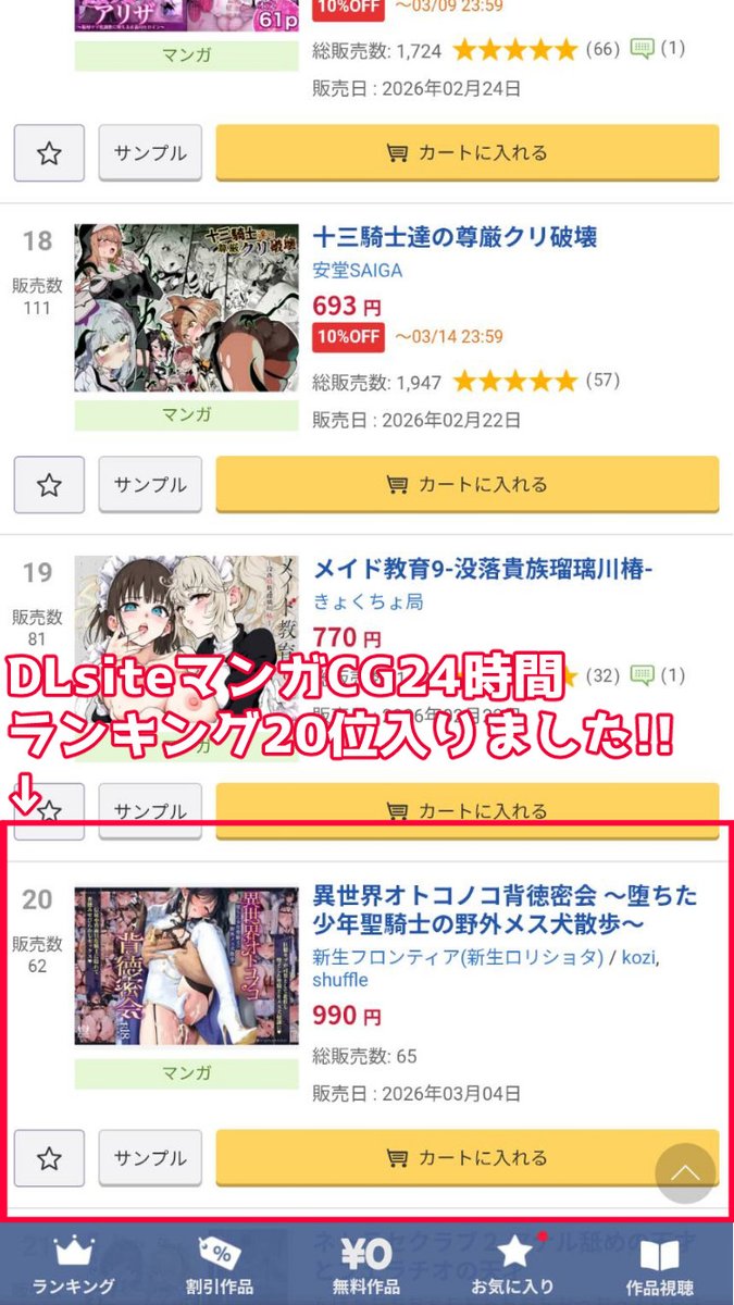 DLsite24時間マンガCGランキング20位入りました!🎉
あと19冊売れれば15位になります
応援よろしくお願いします!
(*'Д`)

DLsite
https://t.co/CCrnj6F62Z

#男の娘 #C107 #ad 