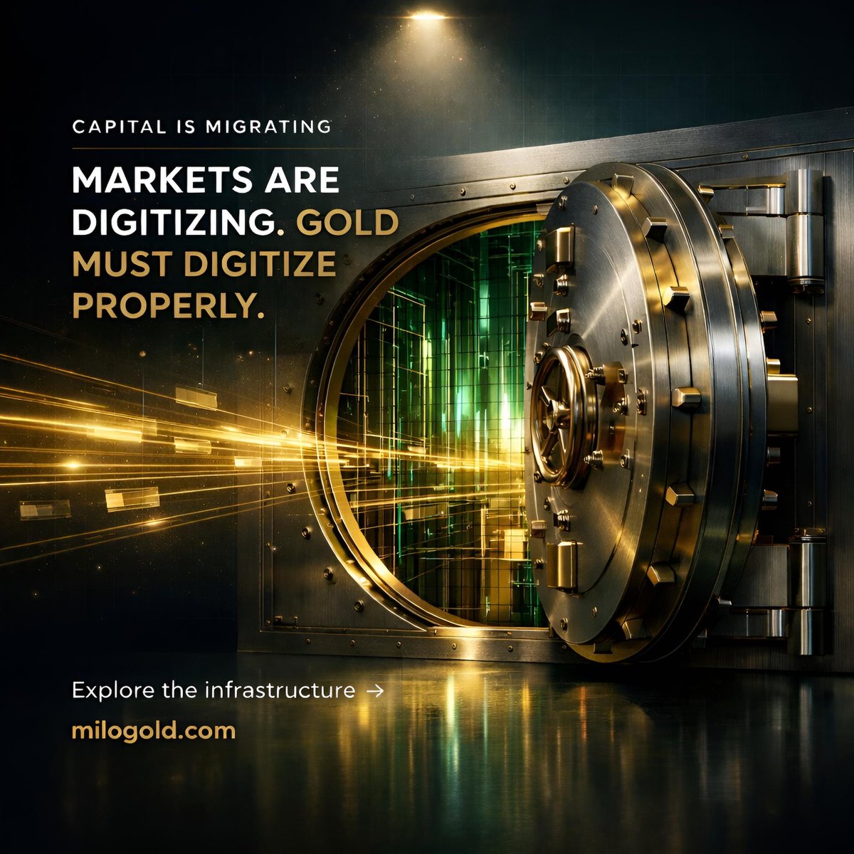 MARKETS ARE DIGITIZING. GOLD MUST DIGITIZE PROPERLY.

Bonds are tokenizing.
Funds are tokenizing.
Treasuries are going on-chain.

Settlement is moving from days to seconds.

But gold — a $20+ trillion asset — still moves like it’s 1995.

Vault paperwork.
Intermediary layers.