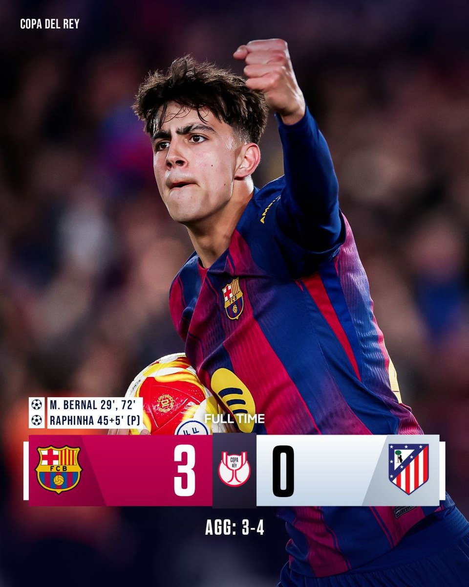 Scorelineofc's tweet photo. Menang nyesek! 🎭 Barca bungkam Atleti 3-0 lewat aksi gemilang M. Bernal dan Raphinha. Sayangnya, agregat 3-4 membuat Atletico yang melaju ke babak berikutnya. Info live streaming match lain ada di BIO! 🚀 #ViscaBarca #HasilBola https://t.co/fxobw7XdEd