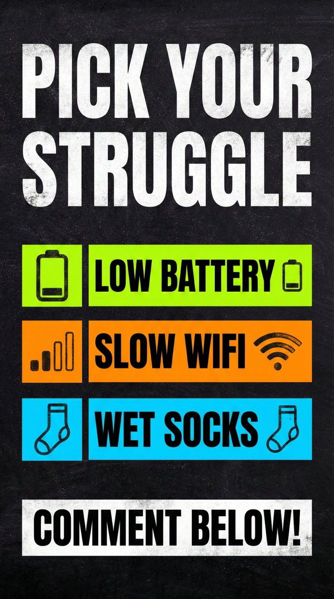 JackieBoyStore's tweet photo. Pick your struggle: A) Low battery 🔋 B) Slow Wi-Fi 📶 C) Wet socks 🧦 https://t.co/Zmtuxx2ovu