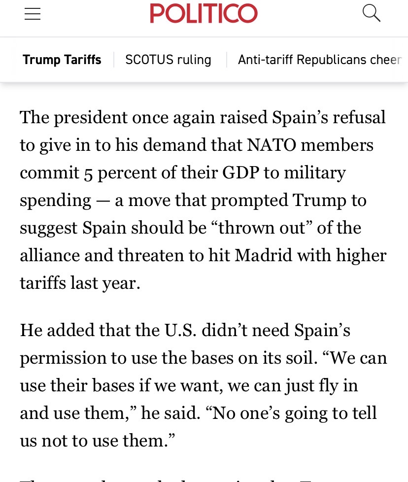 Trump threatens Spain, says no one can stop them flying into Spanish military bases and using them.
A lesson for those who think AUKUS military bases in Australia does not affect our sovereignty.
AUKUS means we are even more subjugated to the US/UK military industrial complex.