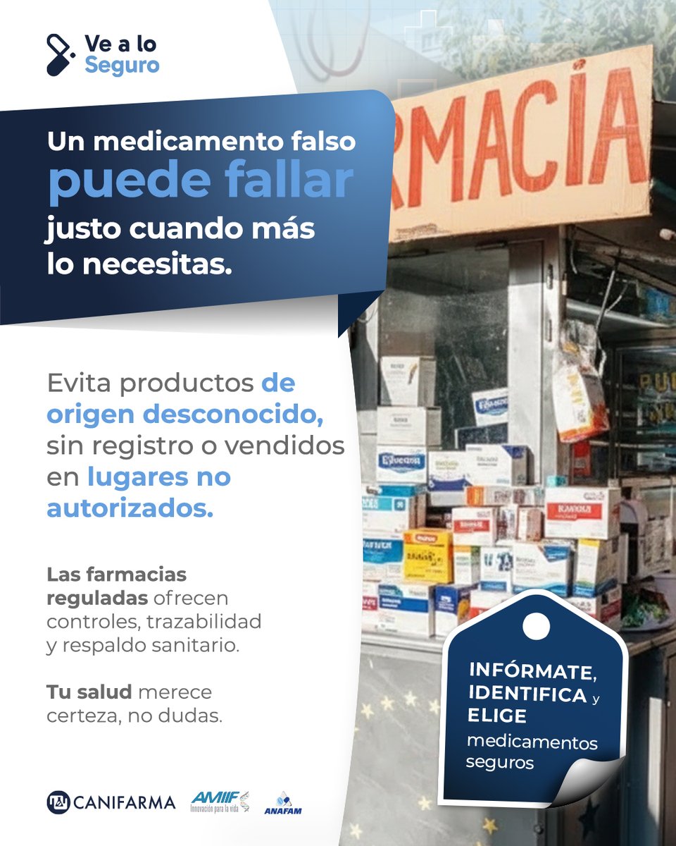 😷 No todo lo barato es seguro, un medicamento falsificado puede no curarte, empeorar tu condición y poner en riesgo tu vida. ​

✔️ Compra solo en farmacias establecidas ​
✔️ Verifica que tenga registro sanitario ​
✔️ Cuida lo que entra a tu cuerpo ​

Tu salud no se reemplaza,