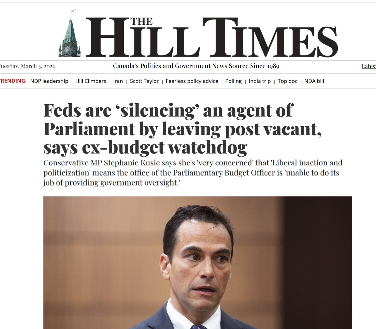 Boom! "Canada’s former budget watchdog Yves Giroux says the government’s failure to appoint a new parliamentary budget officer after both his and his interim successor’s terms expired is a “conscious decision” to silence the office and prevent it from holding the government