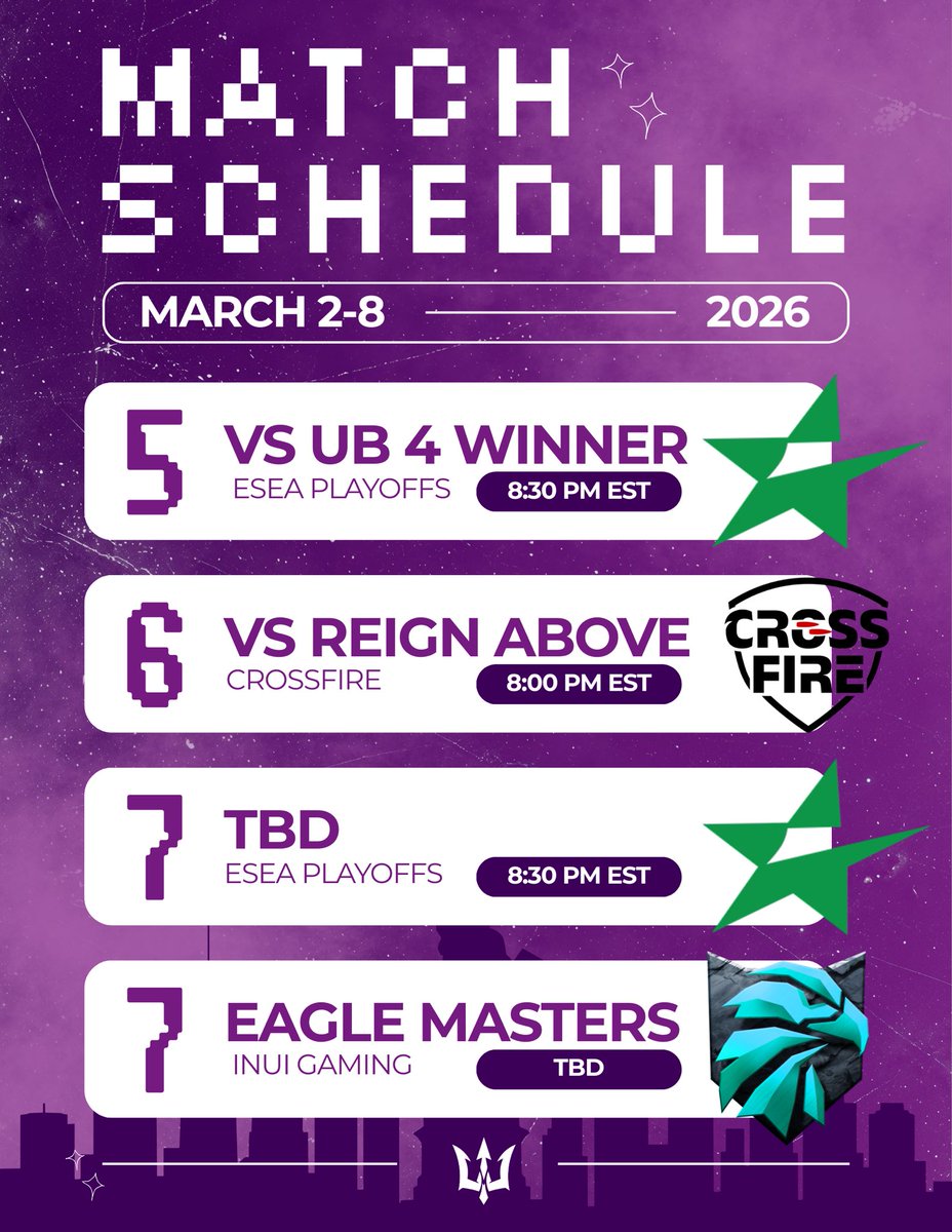 𝐌𝐀𝐓𝐂𝐇 𝐒𝐂𝐇𝐄𝐃𝐔𝐋𝐄
March 2 - 8, 2026

Some teams play matches.
We build an Empire.

Tune in this week and watch it unfold LIVE at twitch.tv/teamempiretv
