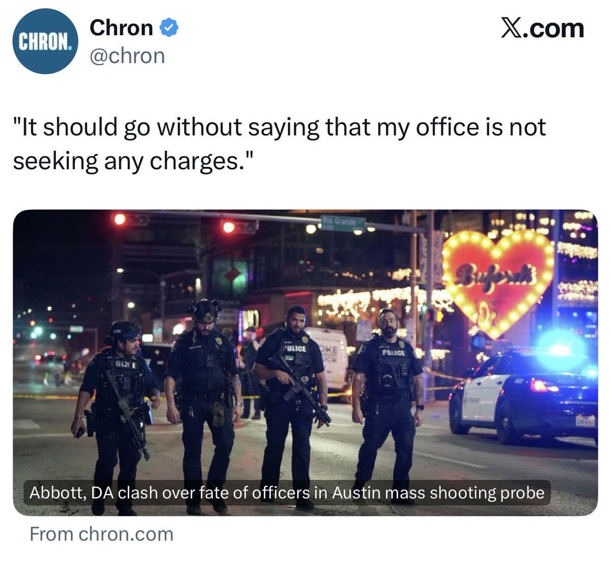 MBullockATX's tweet photo. Key word - “should”. Yet it needs to be said. 

I appreciate that DA Garza has publicly stated he will not seek any charges against our officers. Yet he still hasn’t clarified if that means he will continue on with the grand jury process or decline to present. 

My hope is that the DA understands he has built a dysfunctional and distrusting relationship with law enforcement in Travis County. So while it should go without saying, the DA has made it necessary.