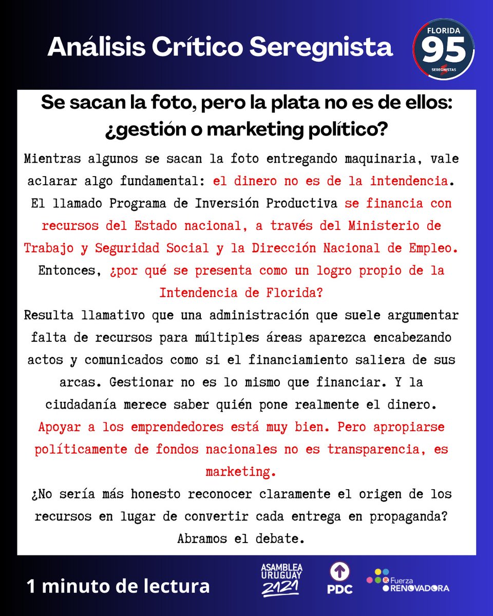 Entrega de maquinaria a emprendedores en Florida en el marco del Programa de Inversión Productiva, financiado con fondos nacionales. Apoyo necesario para quienes trabajan y producen, pero es clave aclarar: los recursos son del Estado, no de la intendencia.