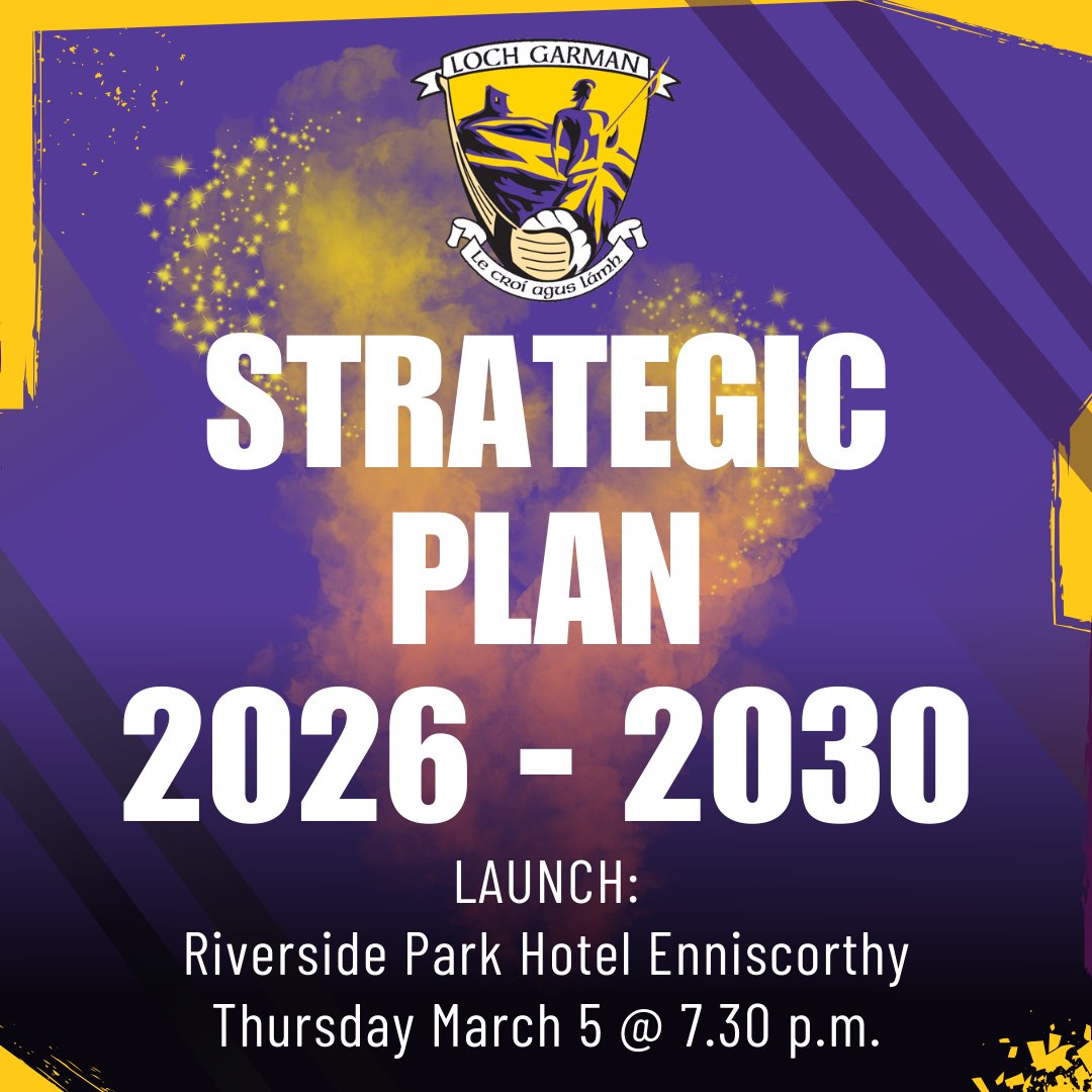 OfficialWexGAA's tweet photo. Our new Strategic Plan to cover the years ahead to 2030 will be launched in the Riverside Park Hotel in Enniscorthy on Thursday evening (March 5) at 7.30 p.m.

We invite all the following to attend:
🟣 Club adult & Coiste na nÓg Chairpersons and Secretaries
🟡 Club Coaching Officers
🟣 District Officers
🟡 Club County Board Delegates
🟣 Everybody else with an interest in the betterment of Wexford GAA

Come join us as we set out our vision for the future!