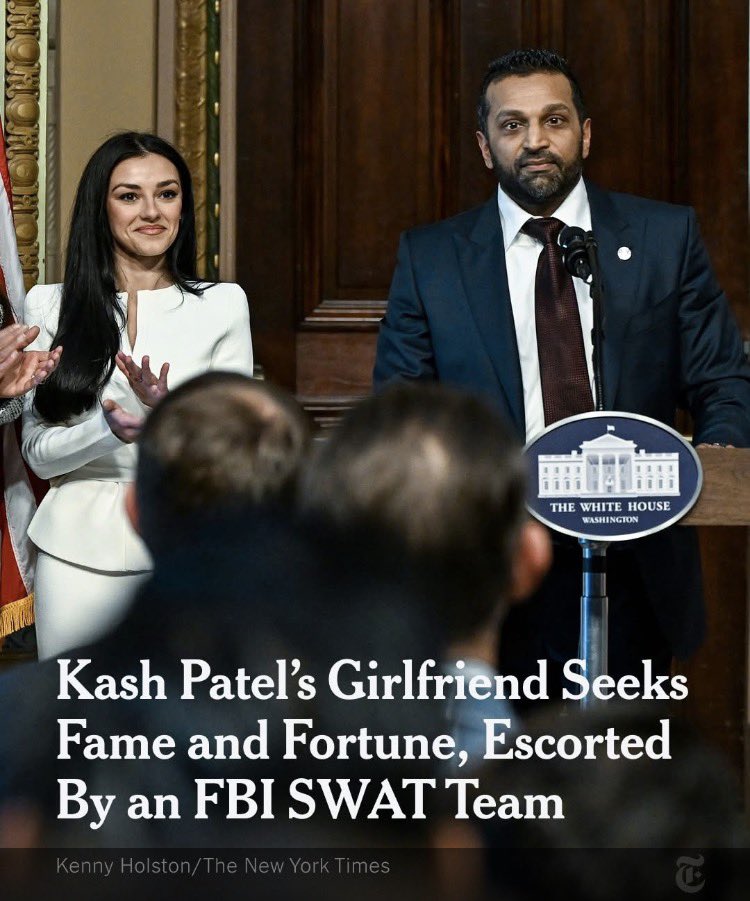 USA 🇺🇸 

FBI robi za ochroniarzy dziewczyny Patela 

Alexis Wilkins, 27-letnia dziewczyna Kasha Patela, 46-letniego dyrektora FBI prezydenta Trumpa, jest chroniona  przez członków zespołu ds. broni specjalnej i taktyki, pochodzących z oddziałów FBI w całych USA . Patel wzmocnił