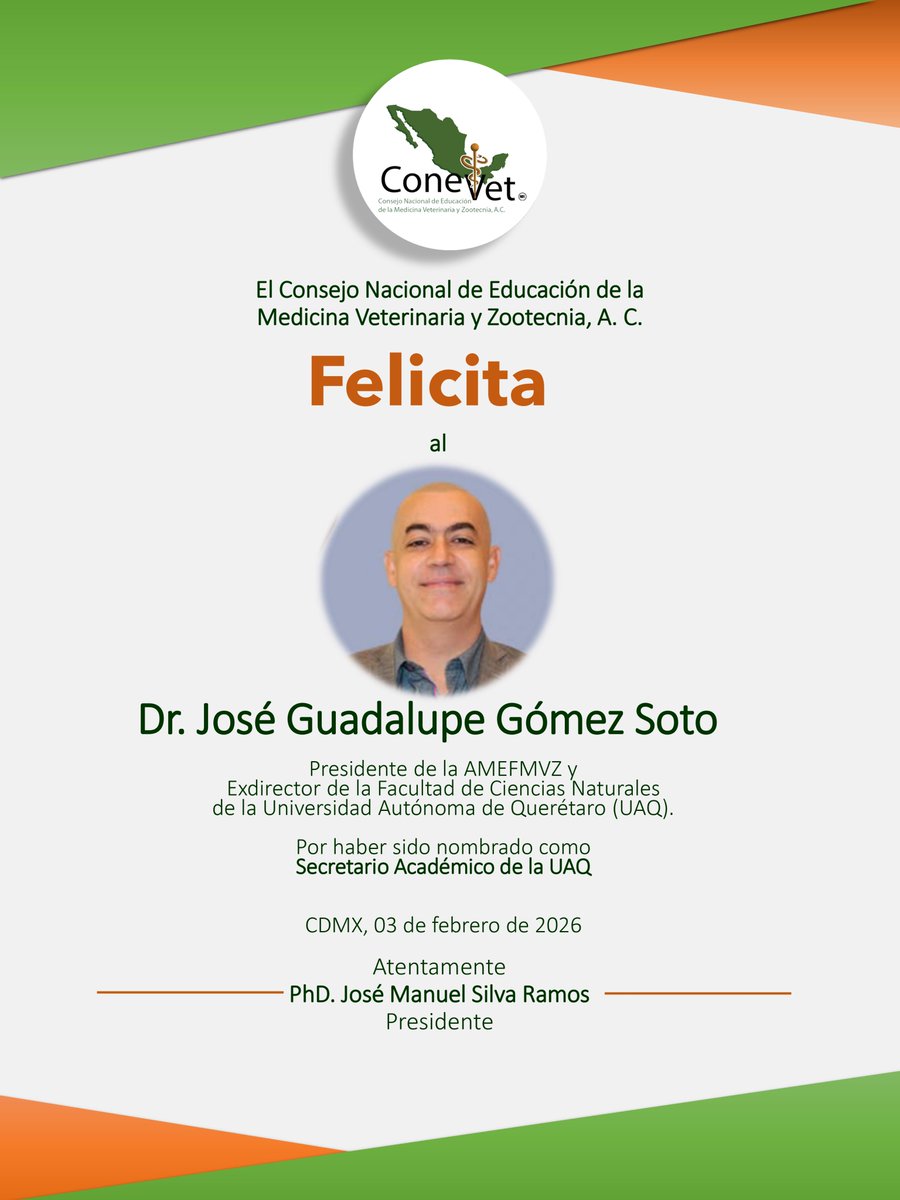 🎓✨Felicitamos al Dr. José Guadalupe Gómez Soto por su nombramiento como Secretario Académico de la Universidad Autónoma de Querétaro.
Desde el CONEVET reconocemos su compromiso y liderazgo en favor de la educación en Medicina Veterinaria y Zootecnia.
Le deseamos mucho éxito👏🐾