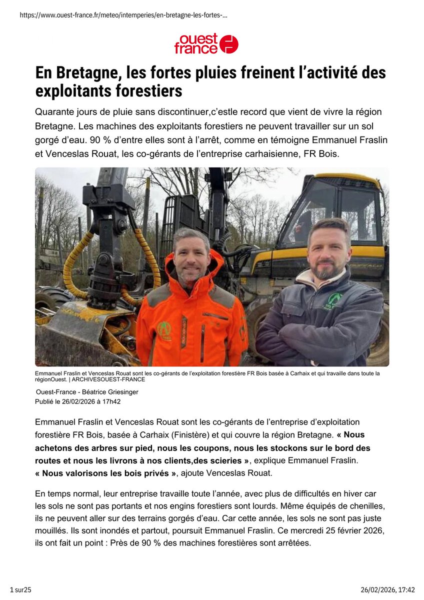 SEFBois's tweet photo. Pendant 40 jours, la pluie a paralysé les chantiers forestiers en #Bretagne. 90% des machines à l’arrêt.
Les #ExploitantsForestiers n’ont aucun dispositif d’indemnisation.
Sans soutien à l’amont, c’est toute la filière bois qui vacille.
#FilièreBois  #Intempéries #SEFB https://t.co/pN3nPpGanC