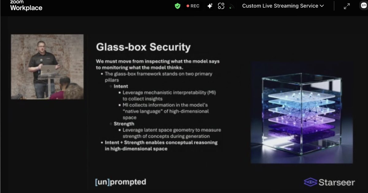 christinayiotis's tweet photo. [un]prompted The AI Security Practitioner Conference: "Glass-Box Security: Operationalizing Mechanistic Interpretability for Defending AI Agents" with Carl Hurd, Co-Founder &amp; CTO, Starseer @StarseerAI https://t.co/yplJMeo0ug
