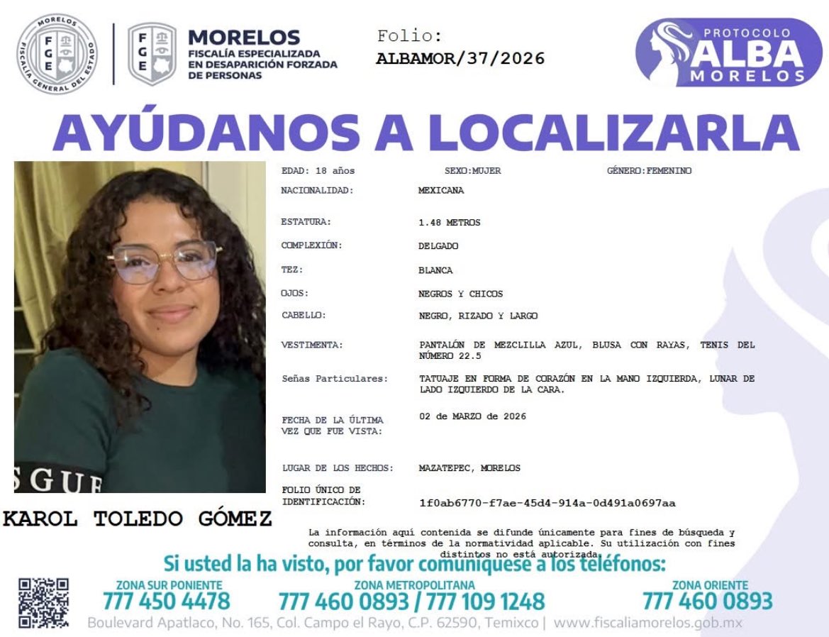 VAMOS CUATRO JOVENCITAS CON FICHA DE DESAPARICIÓN EN #MORELOS ESTA SEMANA 

Karol Toledo Gómez fue vista por última en #Mazatepec ¿La has visto? 🫵🏻

#Noticias #Cuernavaca