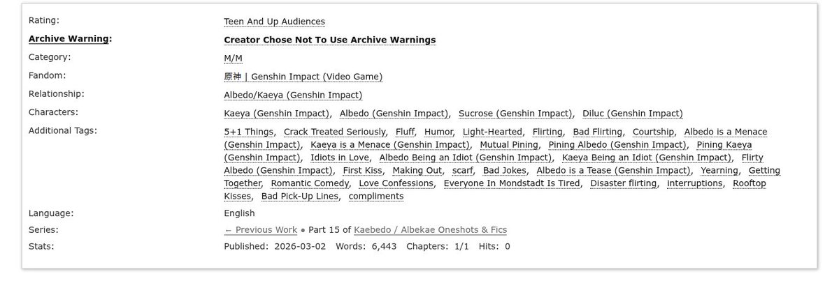 the_tamed_poet's tweet photo. Hey friends! I posted another fun, light-hearted #kaebedo / #albekae oneshot. It's called Five Times Albedo Tried to Replicate Kaeya’s Charm (and the One Time He Weaponized It). Go check it out! <3

Link: https://t.co/56eIl8JmHy https://t.co/Qr5C7cJaKq