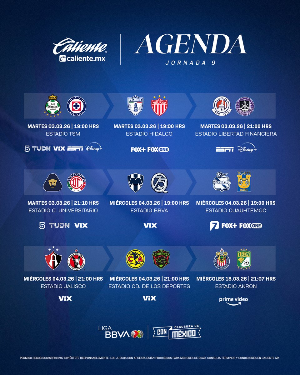 ¡Martes de jornada doble! Arranca la #J9. 👊🏻
🚨Aquí les dejamos la #Agenda completa🚨

¡Regístrate ahora en <a href="/calientesports/">Caliente Sports</a> y RECIBE $1,000 DE REGALO para comenzar a apostar! 📲Da clic aquí: bit.ly/46VlDZh

🔥 #MásAcciónMásDiversión