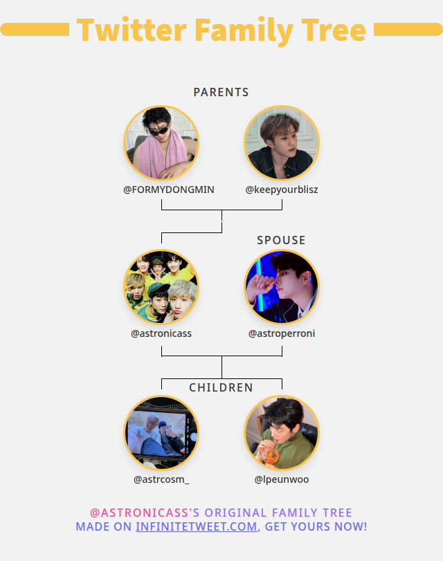 astronicass's tweet photo. 👨‍👩‍👧‍👦 My Twitter Family:
👫 Parents: @FORMYDONGMIN @keepyourblisz
👰 Spouse: @astroperroni
👶 Children: @astrcosm_ @lpeunwoo

➡️ https://t.co/vsVpxqEzKh https://t.co/NXBsGftwD3