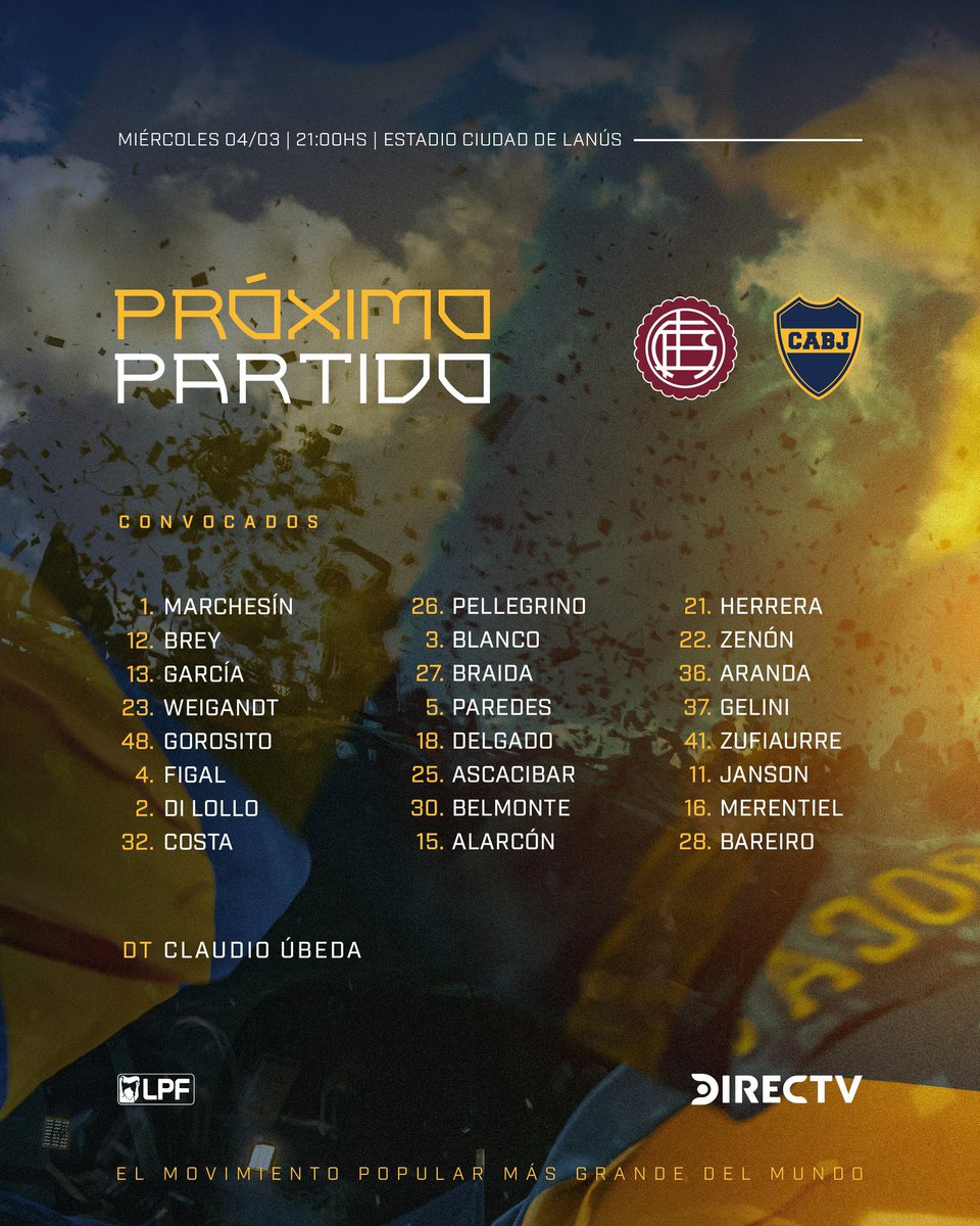 FilialEscobar's tweet photo. 🔜 ¡𝗣𝗥𝗢́𝗫𝗜𝗠𝗢 𝗣𝗔𝗥𝗧𝗜𝗗𝗢!

⚽ #Apertura2026 
🆚 Lanús
🗓 Miércoles 04/03
🕙 21:00
🏟 Estadio Ciudad de Lanús

#VamosBoca #BocaFiliales #BocaJuniors #FilialEscobar #DaleBoca 🔵🟡🔵 https://t.co/wYT1ZSI7Kk