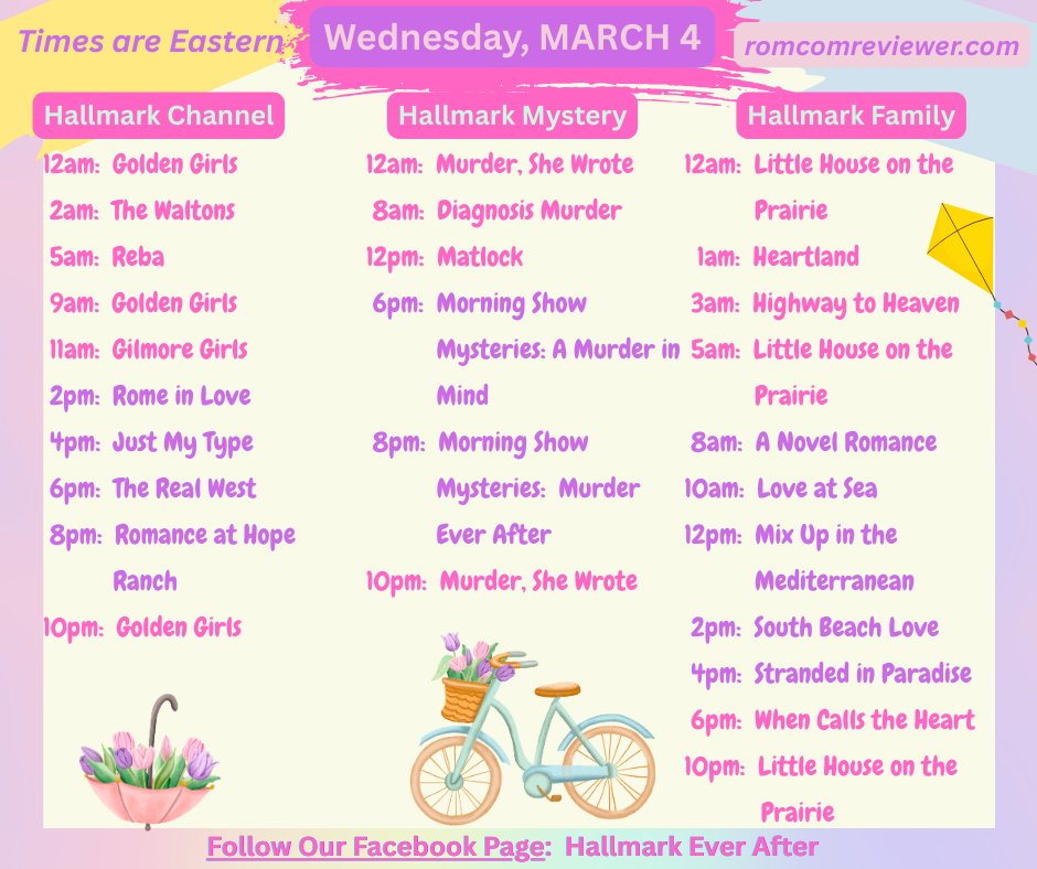 Here is your daily #HallmarkSchedule for WEDNESDAY, MARCH 4!

#HallmarkChannel #HallmarkMystery #HallmarkFamily