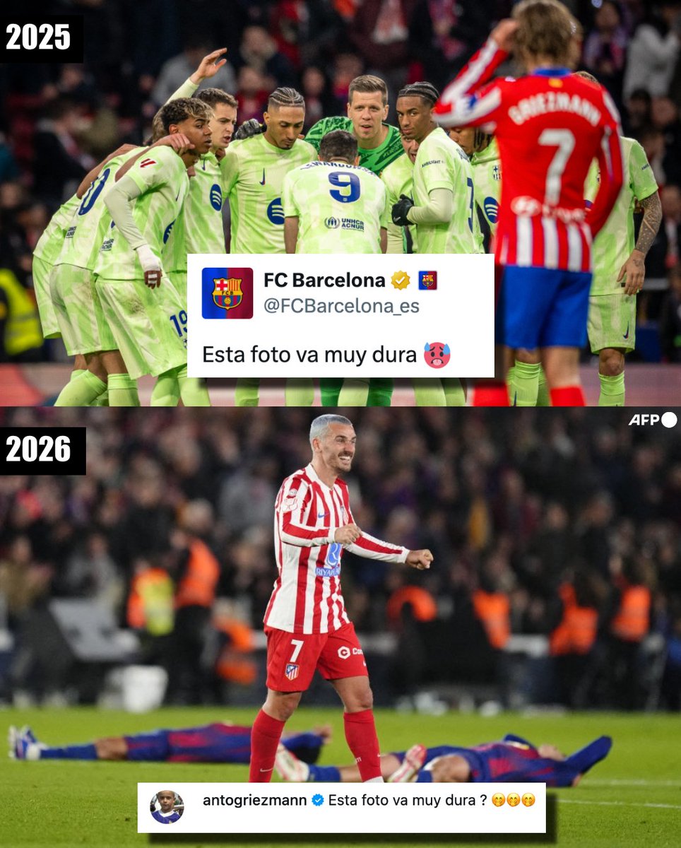 El año pasado, la gente de medios del FC Barcelona subió la foto y el mensaje de arriba para celebrar que vencieron al Atletico de Madrid en El Metropolitano. Hoy, Antoine Griezmann subió la foto y el mensaje de abajo tras clasificarse a la final de la Copa del Rey eliminando al
