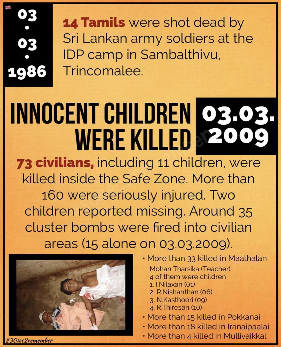 30sec2remember's tweet photo. March 3, 2009: #MullivaikkalGenocide 🚨

73 civilians, including 11 children, were killed inside the Safe Zone. More than 160 were seriously injured. Two children reported missing. Around 35 cluster bombs were fired into civilian areas (15 alone on 03.03.2009)

#Mullivaikkal #Genocide