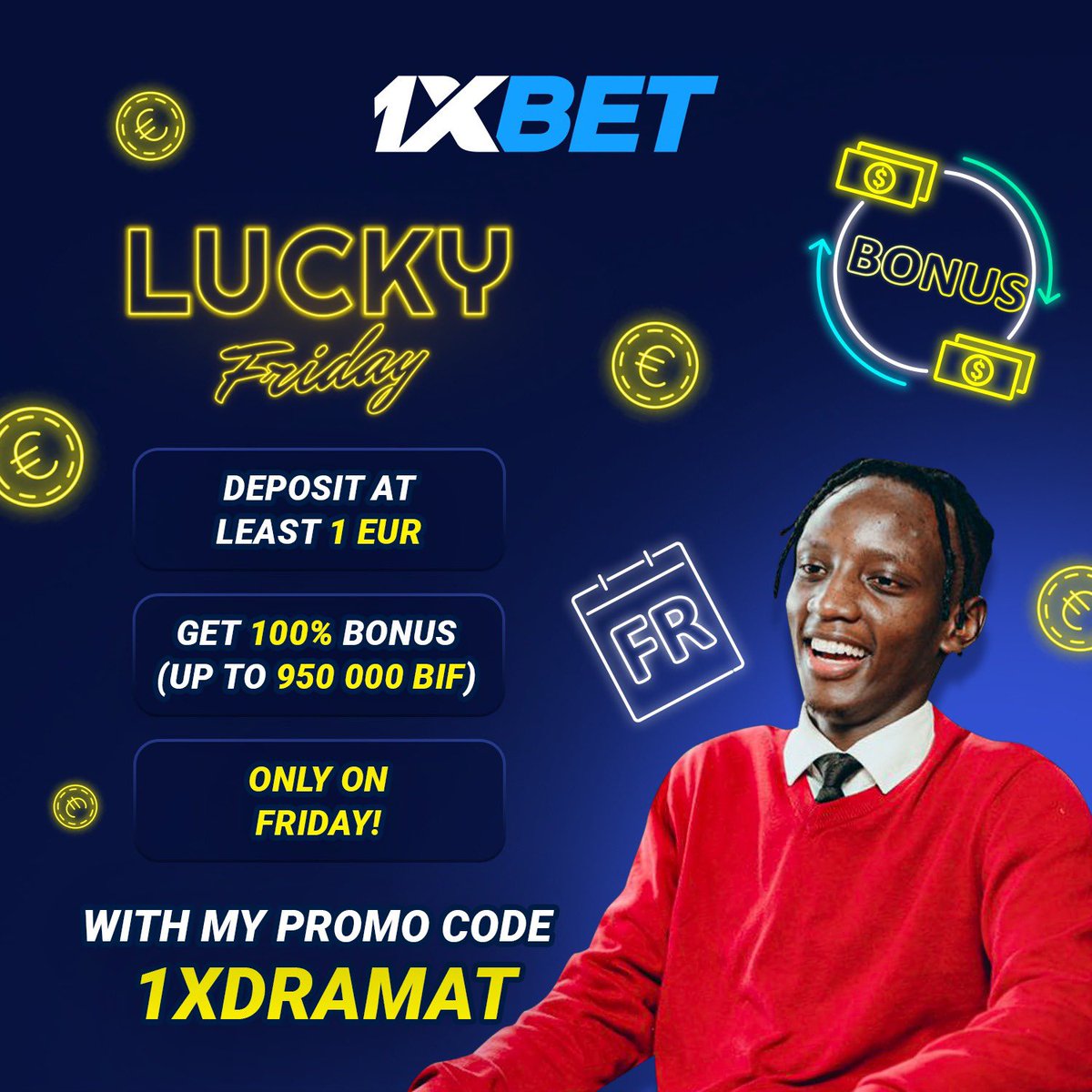 DramaT17's tweet photo. Hello, family! My friends 1xbet have prepared a new incredible 🍀Lucky Friday🍀 promo for you. You've only got 24 hours to win up to 950 000 BIF❗️Read more detailed terms and conditions here:  https://tinyurl
Get bonus with my promo code 1xDramaT 🔥🔥 https://t.co/vbruLOTmBN
