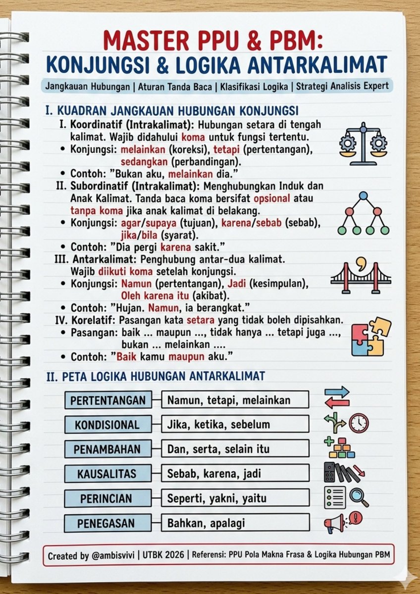 ambisvivi's tweet photo. ⏳H-48 UTBK 2026
🧭Bahas materi yg sering muncul
[Konjungsi &amp; Logika Antarkalimat]

-a thread-
1. Catatan ringkas (recall materi)

Lanjut bahas soal utbk~ https://t.co/ORzhhfwNTI