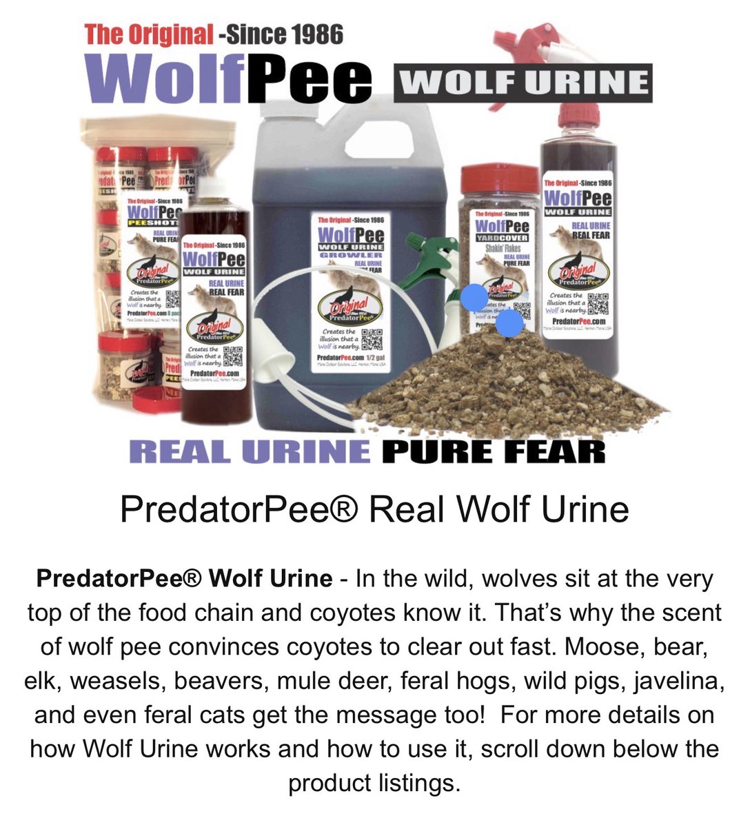 PredatorPee's tweet photo. To keep coyotes out of your yard and away from your pets and family, you need a solution rooted in the way nature already works. Coyotes fear one predator above all others: the wolf. PredatorPee® Real Wolf Urine takes advantage of that instinct.
Shop Now!!
https://t.co/659BMJ5rsO https://t.co/Ps103m1Bea