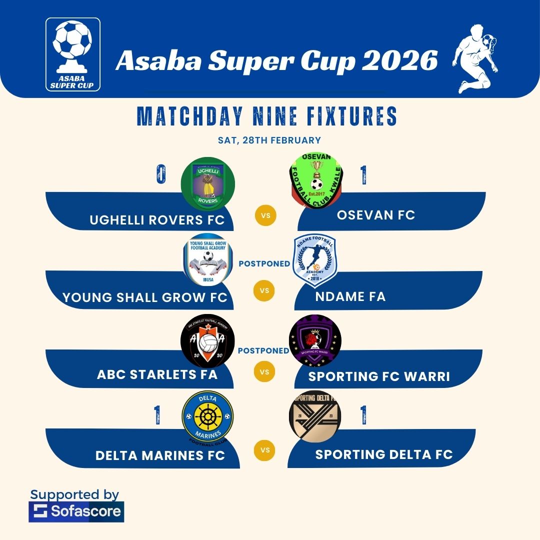 AsabaSuperCup's tweet photo. MATCHDAY NINE RESULTS 
Christian Marcus of Delta Marines FC and Sunday Offorama of Osevan continue their scoring form as Osevan defeated @UghelliRovers in Ughelli and @deltamarinesfc is held to a draw by @SPORTING_DFC 

#asabasupercup 2026 https://t.co/l5JR9LYj25