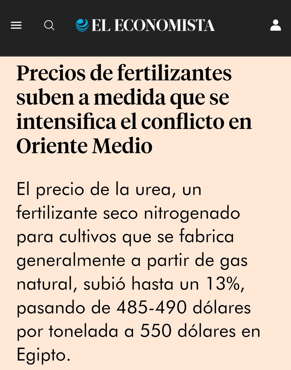 Un tercio del fertilizante del mundo pasa por el estrecho de Ormuz, hoy cerrado.

La irresponsabilidad macabra de Netanyahu y Trump podría espolear inflación en alimentos y condenar a la pobreza a millones en el mundo, de los cuales varios caerán en desnutrición o morirán.