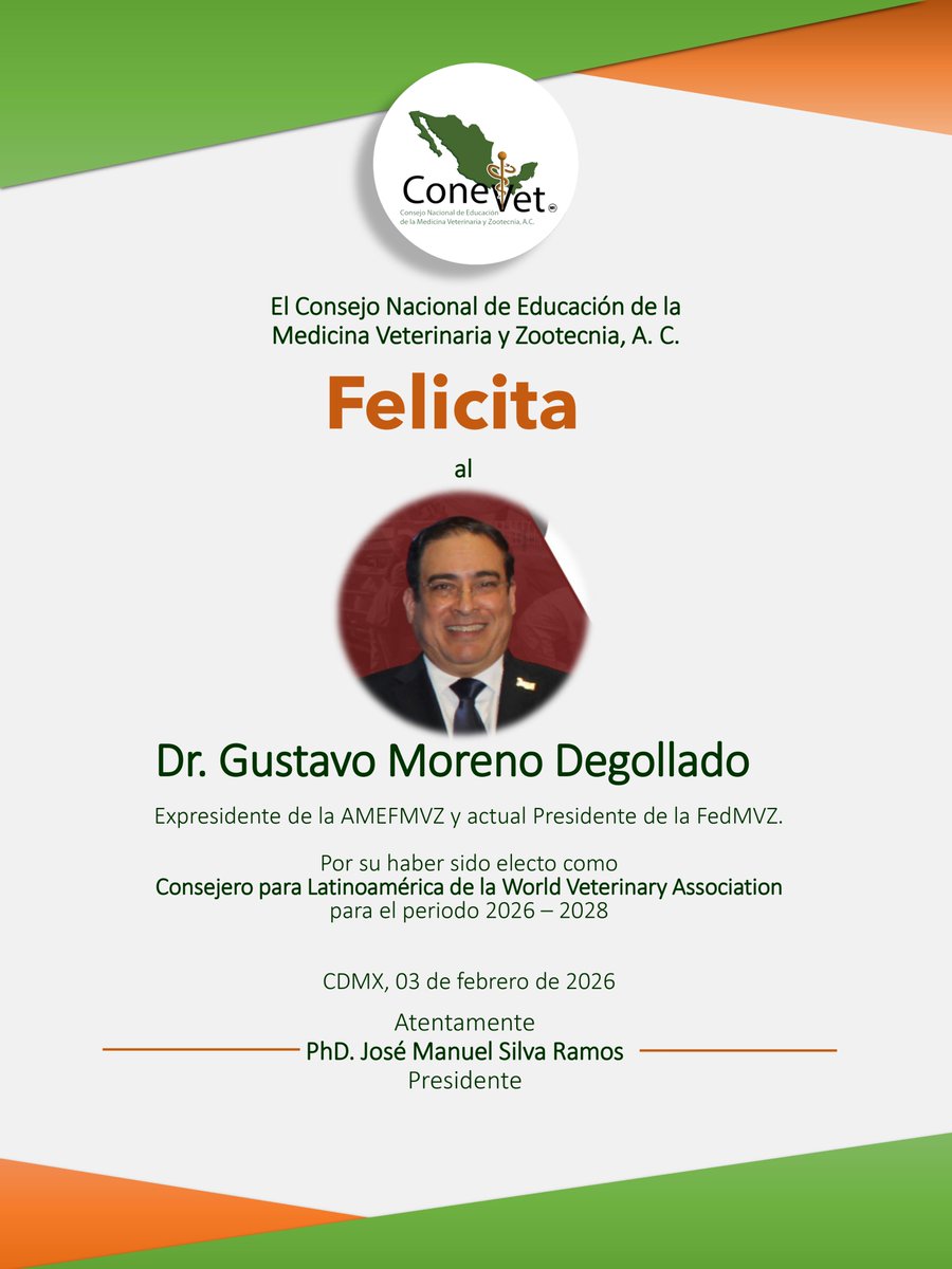 🌎🎉Felicitamos al Dr. Gustavo Moreno por su elección como Consejero para Latinoamérica de la World Veterinary Association para el periodo 2026–2028.
Desde el CONEVET reconocemos su liderazgo y compromiso con el fortalecimiento de la Medicina Veterinaria y Zootecnia.