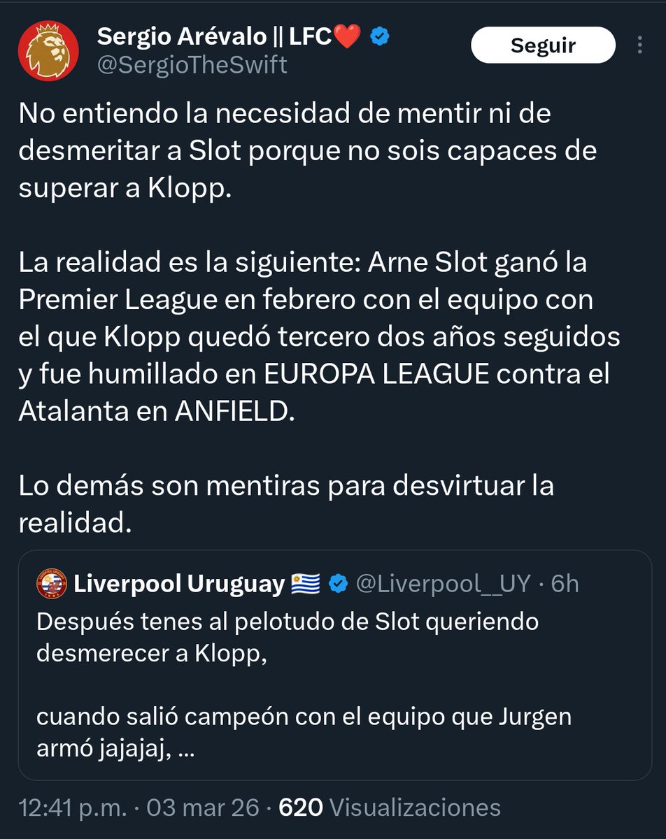 No entiendo la necesidad de Sergio de hacerse el estúpido por acá 

Se quiere hacer el diferente y queda retratado, fácilmente es la peor cuenta de Tw Liverpool y eso que hay varias, se que el no es el infiltrado, pero parece que es uno... 

En fin, hasta pago la palomita jajaja