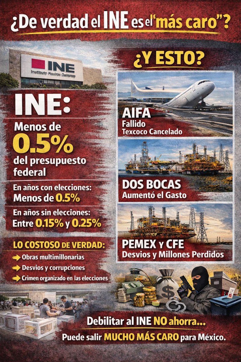 Omar_Castrejon's tweet photo. Decir que el sistema electoral mexicano «es el más caro del mundo» es puro populismo y demagogia, un engaño más de Morena que se hace evidente cuando ves los números.

El Instituto Nacional Electoral cuesta menos de 0.5 % del presupuesto federal, incluso en años con elecciones. En años sin comicios anda entre 0.15 % y 0.25 %.

Traducido: menos de 50 centavos por cada 100 pesos que gasta el gobierno.

Con eso se organizan las elecciones federales, se mantiene el padrón electoral, se entrega la credencial para votar, se revisan los gastos de los partidos y se garantiza que el poder cambie por votos y no por conflictos.

Y ahora, además, el INE tiene que organizar elecciones de jueces y magistrados, algo que casi no existe en democracias consolidadas. Más boletas, más casillas, más reglas. Más costo y más presión.

El resultado de impulsar ese populismo es mayor presión para el sistema electoral y la sujeción (o abyección) de los jueces y magistrados «electos» cambiando un contrapeso al poder del gobierno por incapacidad, servilismo y desconfianza en el Poder Judicial.

Por ello pretender hacer una reforma electoral sin consenso político es ilegítimo y peligroso. La democracia no es un lujo. Es lo que mantiene estable al país.

Ahora comparemos.

La cancelación del aeropuerto en Texcoco y su reemplazo por el Aeropuerto Internacional Felipe Ángeles costó miles de millones en indemnizaciones y pagos. Y hoy el AIFA mueve muchos menos pasajeros de lo que se prometió y no resolvió nada en cuestión aeroportuaria ni de conexión para la CDMX.

El Tren Maya ha tenido enormes sobrecostos, opacidad en sus contratos, resultó en un daño ecológico inconmensurable, se descarriló y no sirve más que para acumular pérdidas.

El Corredor Interoceánico del Istmo de Tehuantepec, conocido como Tren Transístmico, también ha aumentado su presupuesto y la corrupción alrededor de sus obras ya costó vidas humanas.

La Refinería Dos Bocas terminó costando mucho más de lo que se dijo al inicio, su presupuesto aumentó 162 % (esa sí fue la refinería más cara del mundo) y procesa menos del 50 % de la que se supone es su capacidad.

En varios años, estas obras llegaron a representar entre 1 % y 4 % del presupuesto anual. Muchísimo más que el INE.

Y están las paraestatales.

Seguridad Alimentaria Mexicana (Segalmex) protagonizó uno de los mayores casos de desvío de dinero público reciente.

Petróleos Mexicanos ha recibido apoyos constantes y carga con una deuda enorme.

Comisión Federal de Electricidad también ha necesitado subsidios importantes y ha reportado pérdidas.

Todo eso sí cuesta puntos completos del presupuesto cada año.

Entonces, ¿de verdad el problema es lo que cuesta el INE?

Decir que es «el sistema electoral más caro del mundo» ignora algo básico: México tiene más de 98 millones de votantes, elecciones federales y locales al mismo tiempo y financiamiento público a partidos incluido en el modelo. Comparar números sin tomar en cuenta eso es engañoso.

Si de verdad se quiere una reforma electoral, el tema urgente sería frenar la entrada del crimen organizado en campañas y elecciones, cuidar que no haya dinero ilegal y garantizar seguridad para votar libremente. Ese es el riesgo real.

Pero ese tema casi no se menciona.

Desde Morena se insiste en debilitar al árbitro con el pretexto de que es caro, mientras los gastos mucho más grandes están en sobrecostos, rescates y escándalos.

La democracia mexicana cuesta menos de medio peso por cada 100 del presupuesto.

Debilitar al INE no va a ahorrar dinero, pero le puede salir mucho más caro al país.