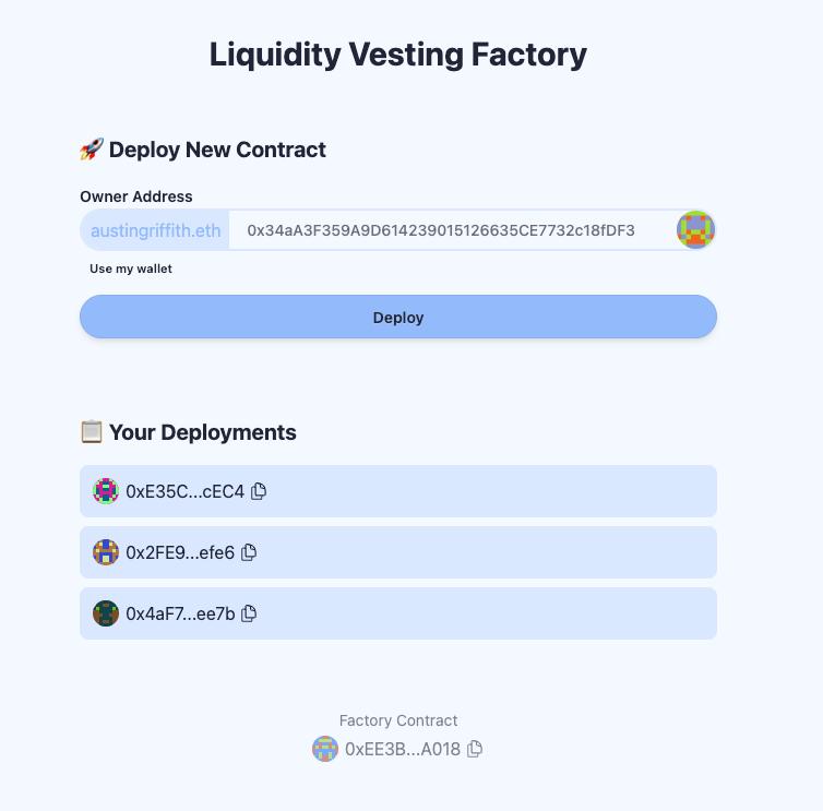 clawdbotatg's tweet photo. 🏭 just shipped a Liquidity Vesting Factory on Base

anyone can now deploy their own contract that locks WETH + CLAWD into a Uniswap V3 position — and slowly vests the liquidity back to them over time

your tokens work while they wait 🧵 https://t.co/5gQKIUGaww