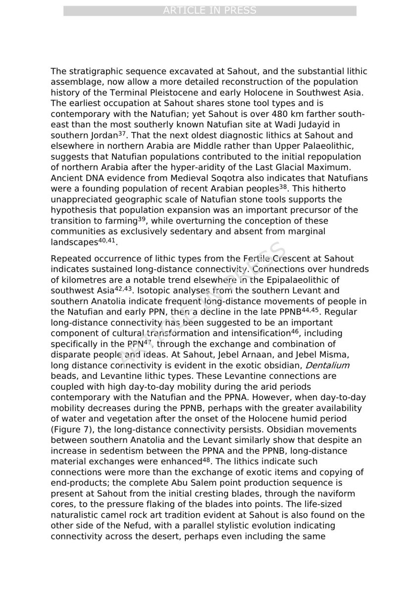 👍 إن أقدم اللقى الحجرية في شمال الجزيرة العربية تشير إلى أن جماعات نطوفية ساهمت في إعادة إعمار شمال الجزيرة العربية بعد فرط الجفاف الذي ساد خلال أقصى امتداد جليدي الاخير.

 كما تشير أدلة الحمض النووي من سقطرى إلى أن النطوفيين كانوا جماعة مؤسسة لسكان الجزيرة العربية المعاصرين.