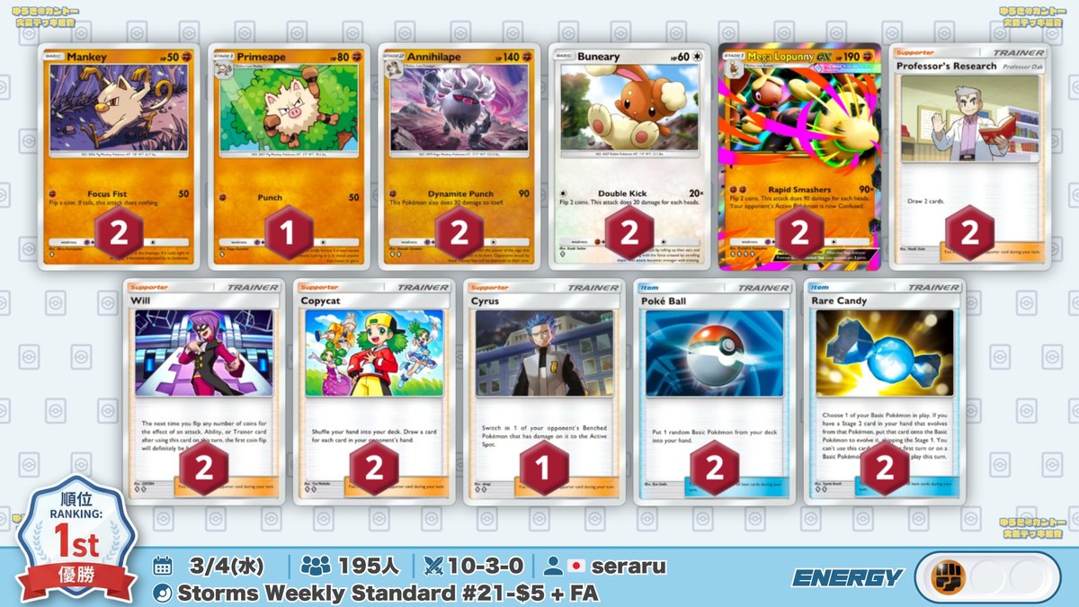 🌏 ポケポケ 大会結果｜3/4(水) 🌏 新「コノヨザル」採用の『メガ