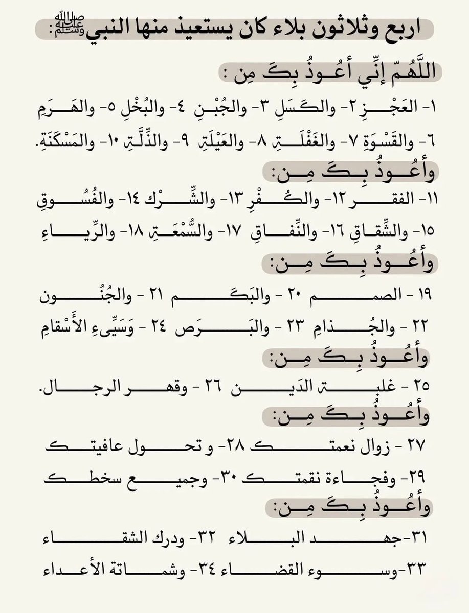 - أربع وثلاثون بلاء كان يستعيذ منه النبي ﷺ :