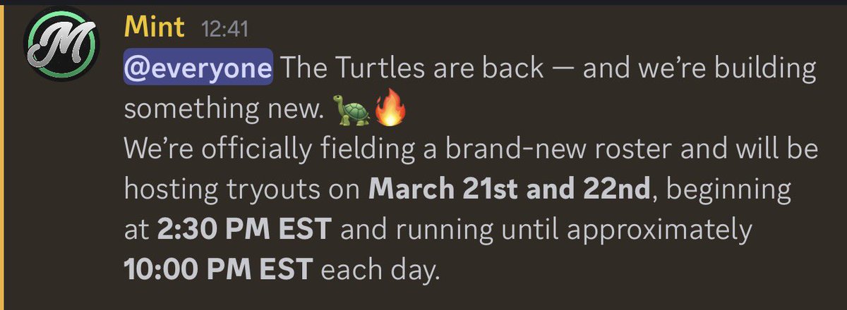 discord.gg/AwwkBPjkp

Sign Up for Turtle Tactics! Tryouts will be hosted 21st and 22nd. Anyone is welcome to sign up.