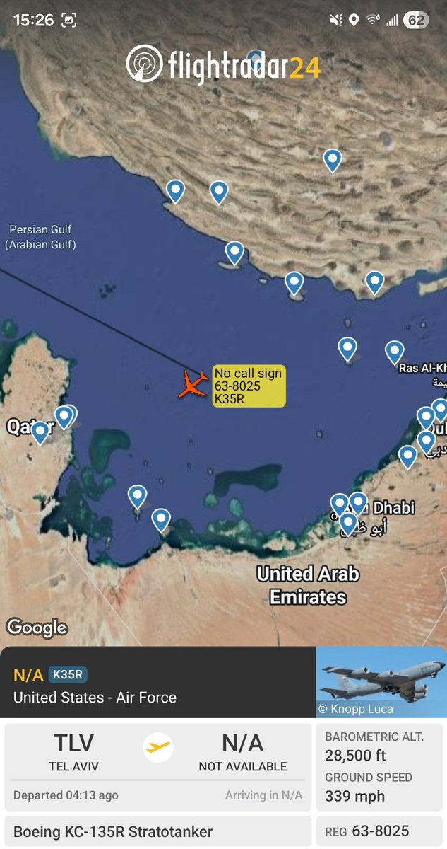 Borrowed7Time's tweet photo. USAF KC-135R 63-8025 #AE014C is up over the Persian Gulf.
@sipjack1776 @LadyAstroJet https://t.co/2U7ex3OwAb