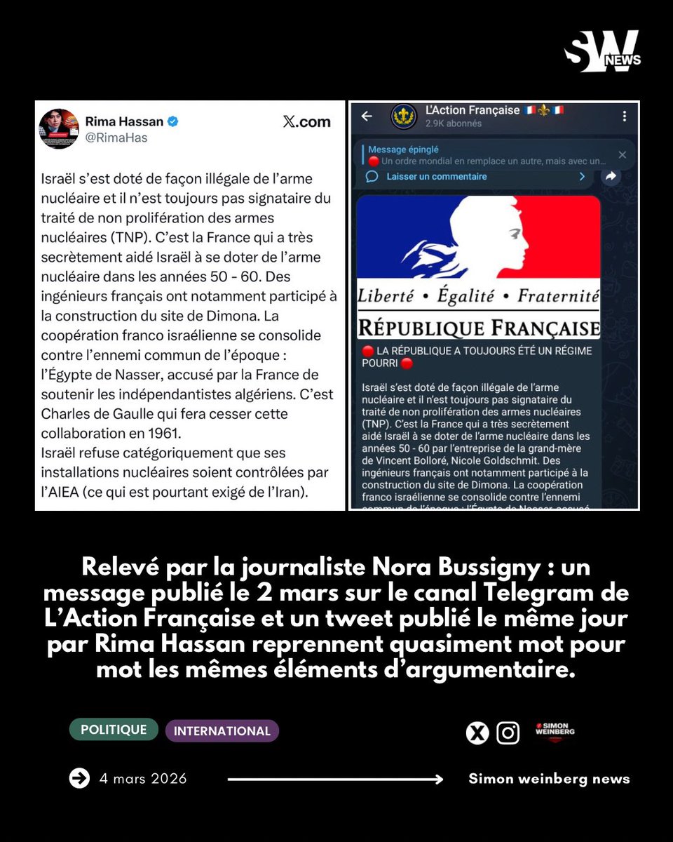 🔴🇫🇷 | Politique > Quand les extrêmes finissent par parler d’une même voix.
Relevé par la journaliste Nora Bussigny : un message publié le 2 mars sur le canal Telegram de L’Action Française et un tweet publié le même jour par Rima Hassan reprennent quasiment mot pour mot les