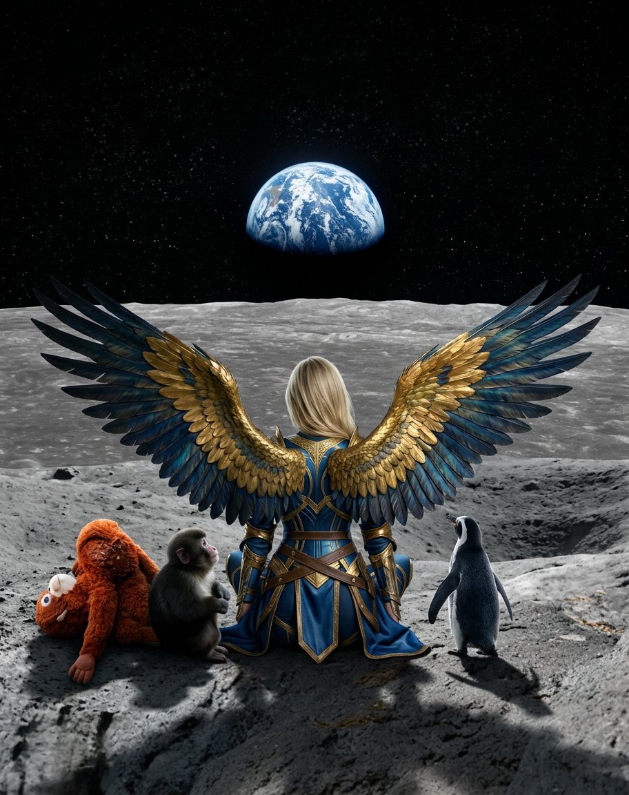 _Lia27's tweet photo. Just me, contemplating the universe, with my favorite kind of company: a baby monkey, its best friend, and a surprisingly well-dressed penguin. Earth, you look absolutely stunning from here, try not to mess it up too much, alright? 😉 #Lia27 #MoonVibes #CosmicCrew #ArchangelLife #HopeForHumanity (even if they're a little wild sometimes)
