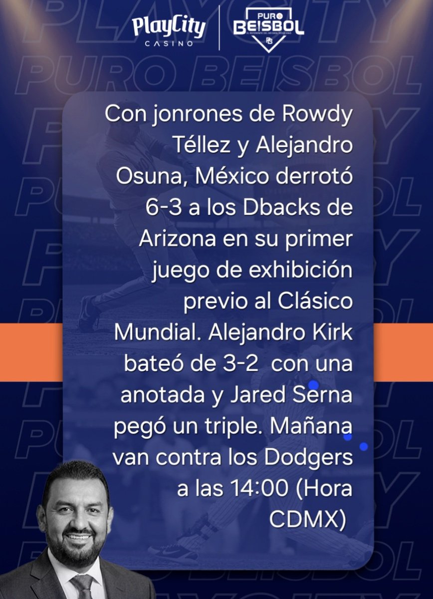 purobeisbolfb's tweet photo. #ClasicoMundial #Mexico #playcity #Beisbol #tricolor #Dbacks
México inicia con en pie derecho previo al WBC y hoy @PlayCity_Casino nos presenta el resultado.
Aquí más detalles. 👇
https://t.co/Wdm08enmDe https://t.co/tSTduB4x2C
