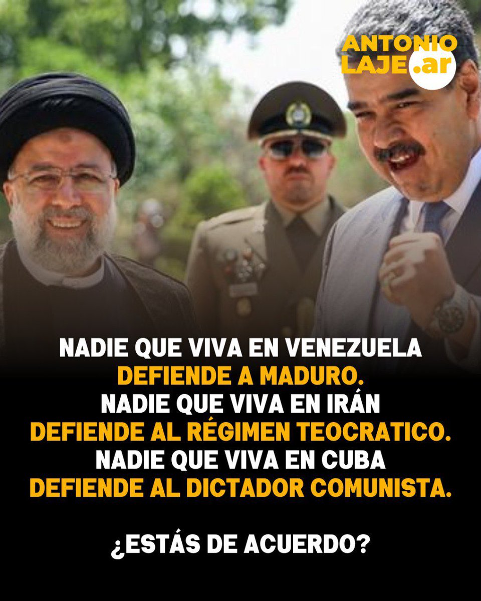 🇻🇪 Nadie que viva en Venezuela defiende a Maduro.

🇮🇷 Nadie que viva en Irán defiende al régimen teocratico.

🇨🇺 Nadie que viva en Cuba defiende a la dictadura comunista.

Solo un progre desconectado de la realidad puede defender esto

👇🏻 ¿Estás de acuerdo?

1- Si ✅
2- No ❌