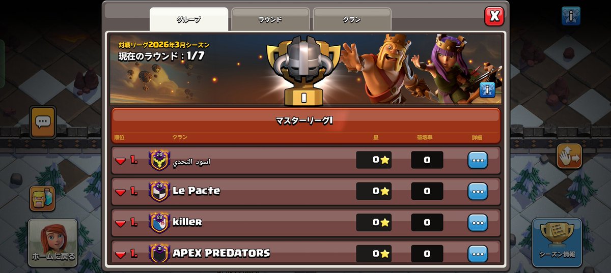 今月のリーグ戦は、新規クランで5vも開戦してみました😊早上げアカウントを移動してマッチングしたところクリスタル1になりました。