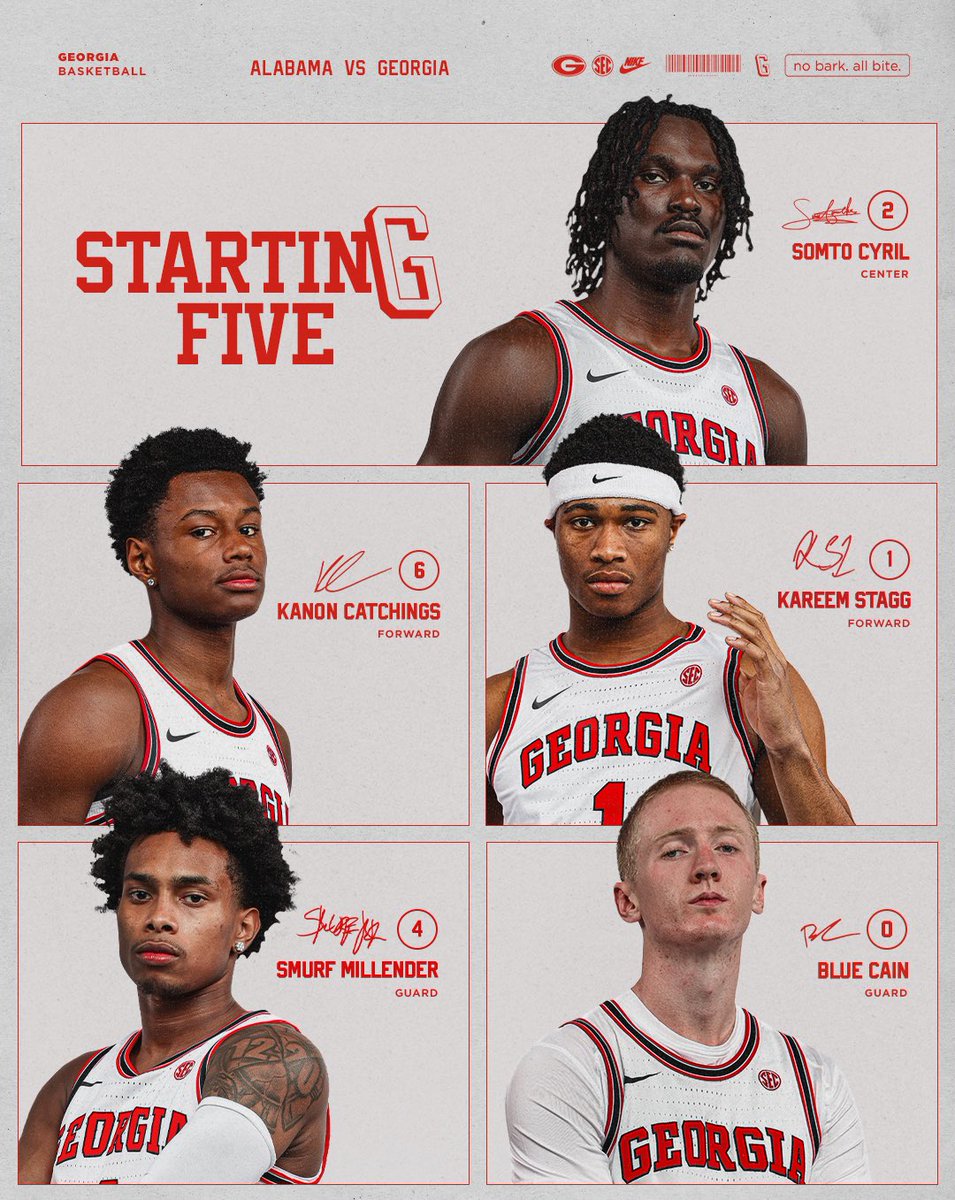 UGABasketball's tweet photo. Starters vs. Bama 

#GoDawgs https://t.co/0zevAtezQz