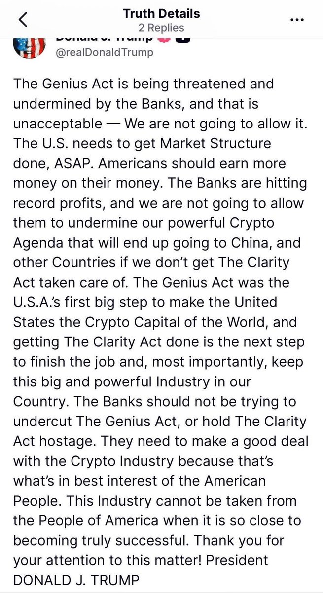 An extremely pointed message from <a href="/POTUS/">President Donald J. Trump</a> to those who are dragging their feet on CLARITY.

This is, and always has been, about what’s in the best interest of the American people.