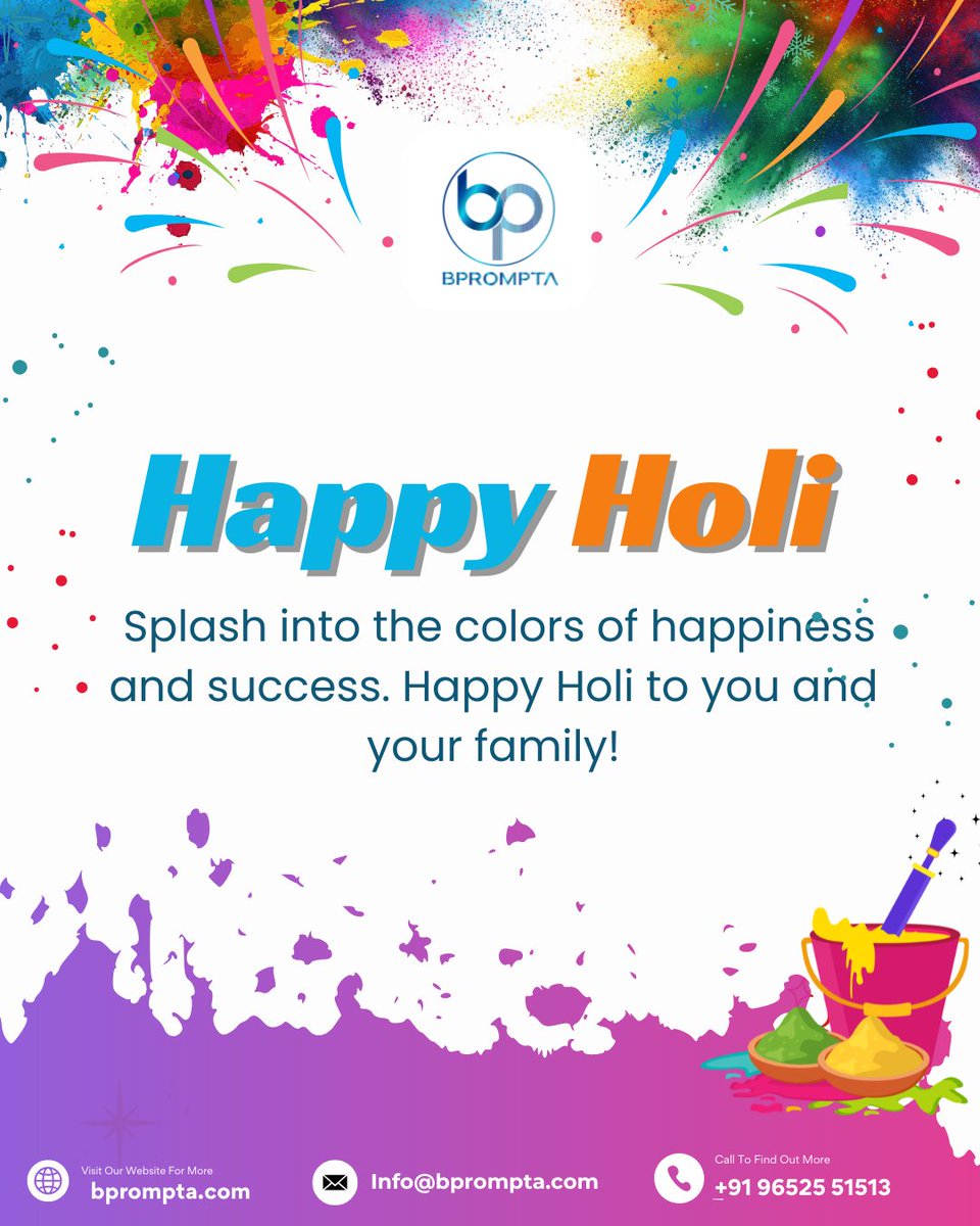 BPrompta's tweet photo. Happy Holi – Splash Into Success with Bprompta!

Celebrate this Holi with vibrant colors, new beginnings, and unstoppable success—Bprompta wishes you and your family happiness, prosperity, and growth.

#HappyHoli #Bprompta #FestivalOfColors #ColorfulSuccess #HoliCelebration https://t.co/QnEZQBBKKo