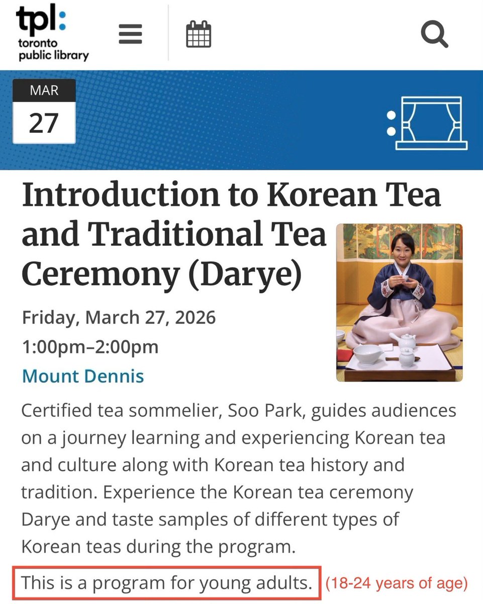 Soo is going to offer a lecture on Korean tea and demonstrate Darye(Korean tea ceremony) at the Mount Dennis branch of the Toronto Public Library on March 27 (Fri), 1:00-2:00 p.m. You can also taste a few premium Korean teas. 🍵🇰🇷

tpl.bibliocommons.com/v2/events/6958…