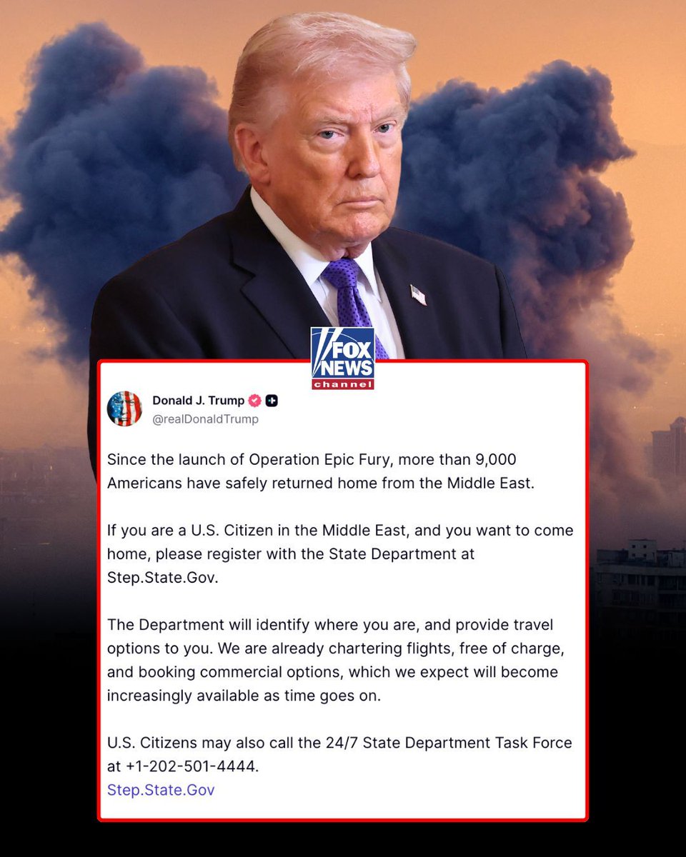 HOMEWARD BOUND: President Trump says more than 9,000 Americans have safely returned home from the Middle East since the launch of Operation Epic Fury.

U.S. citizens who want to return home can register with the State Department at Step.State.Gov

U.S. Citizens may also