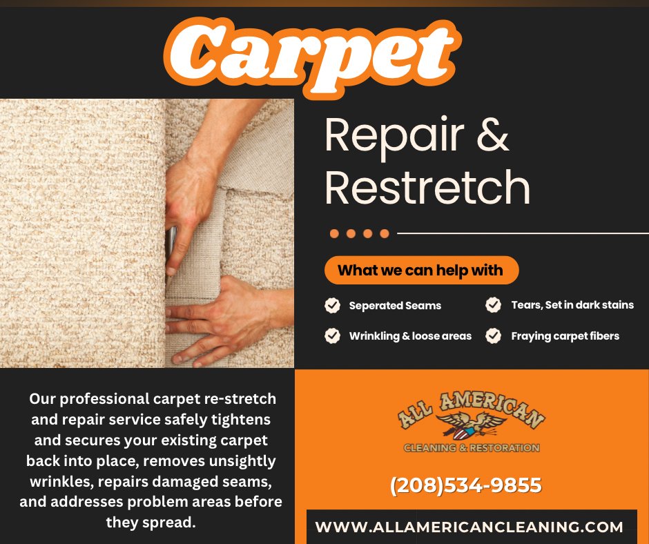 AllAmerClean's tweet photo. Wrinkled? loose? or damaged carpet?
 Don’t replace it —> restore it!

Serving Southeast Idaho Since 1978 ✅

(208)534-9855

#carpetrepair #carpetidahofalls
#carpetrestretch https://t.co/HwNXpdXBkQ