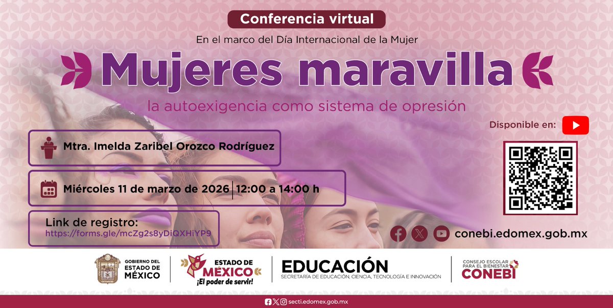 En el marco del #DíaInternacionalDeLaMujer, 🙋🏻‍♀️💜 el #CONEBI te invita a la conferencia “Mujeres maravilla, la autoexigencia como sistema de opresión”.
11 de marzo | 12:00 horas
Registro ✍🏻 forms.gle/mcZg2s8yDiQXHi…
Transmisión 🎥 youtube.com/@CONEBI_Comuni…
#ElPoderDeLaEducación
#8M